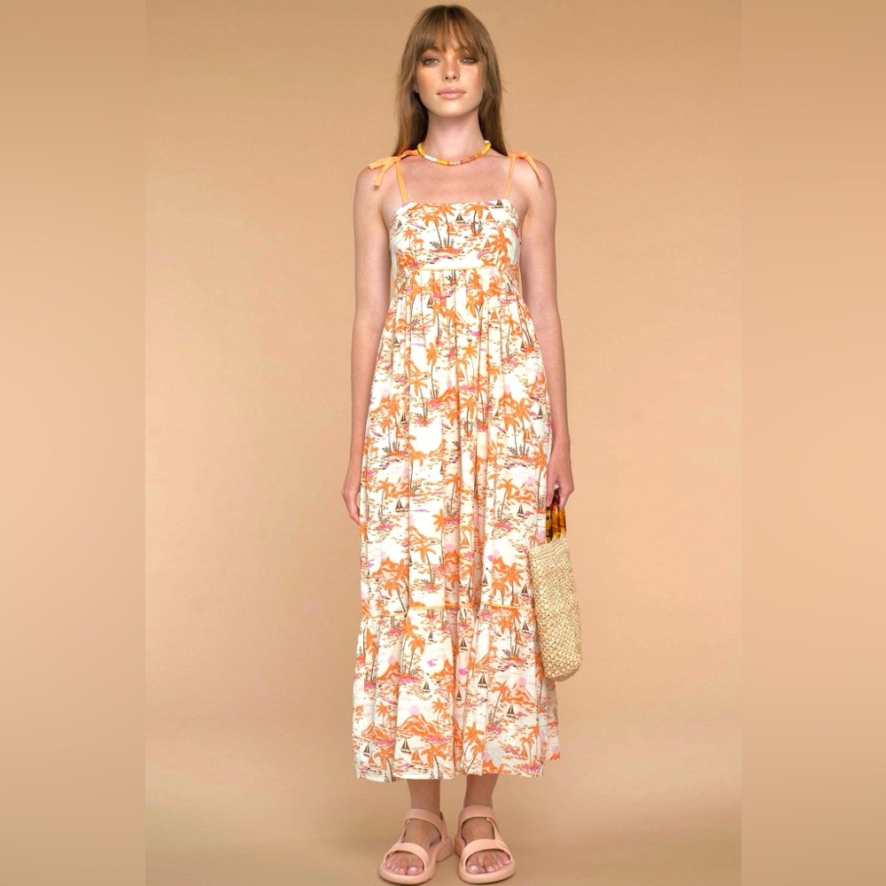 Orange Floral Midi Sundress with Tie Straps